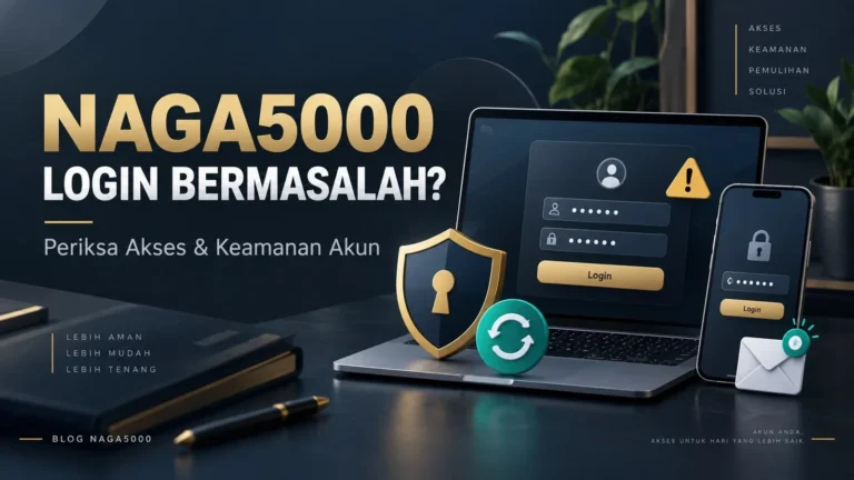 Ilustrasi laptop dan ponsel dengan formulir login, ikon peringatan, serta perlindungan akun untuk panduan NAGA5000 login bermasalah.