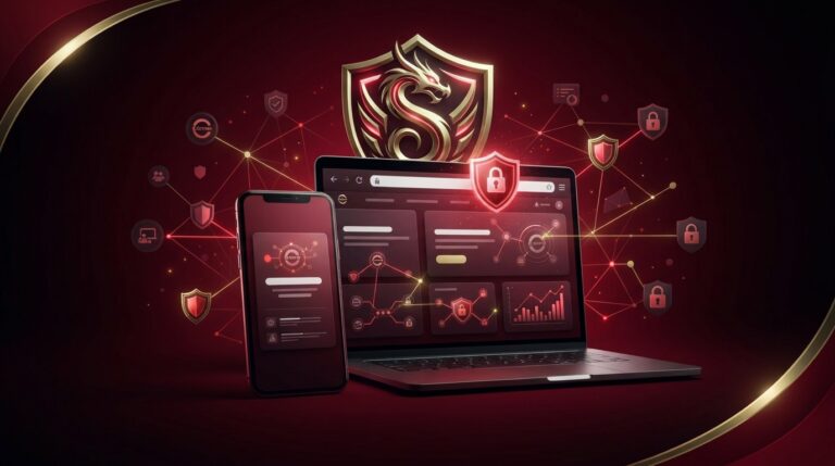 Ilustrasi Naga5000 net dengan smartphone, laptop, dan simbol verifikasi keamanan domain